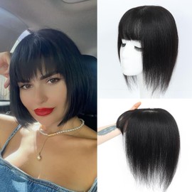 JANATOUCH Hair Toppers For Women Real Human Hair Black Color 11 Inches Human Hair Topper With Bangs For Slightly Hair Loss To Add Volume