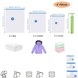 Vacuum Bags, Reusable Storage Bags, With Hand Pump, 6 PCS, Transparent, Double Zip Seal Reusable for Storage Coats Clothes Towels Bedding Duvet Blanket Curtains