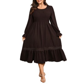 Plus Size Maxi Dress for Women Wedding Guest Fall Smocked Long Sleeve Round Neck Empire Waist Flowy Ruffle Dress 1XL~4XL Brown