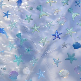 Summer Ocean Shell Nail Art Stickers Decals Cute Jellyfish Mermaid Self-Adhesive Nail Design Stickers 5D Relief Embossed Marine Life Nail Decals for Women DIY Manicure Tip Decoration Supplies 1 Sheet