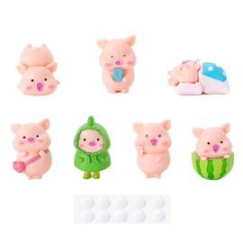 PHIOMUUE Mini Pig Figurine Set 7 Pieces, Mini Animal Figures for Fairy Garden Dashboard Dollhouse Decorations Home Decoration Office Decoration