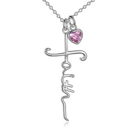 UCADRIT Faith Cross Necklace Sterling Silver with Simulated Birthstone October Faith Jewelry First Communion Confirmation Graduation Christmas Gift for Women