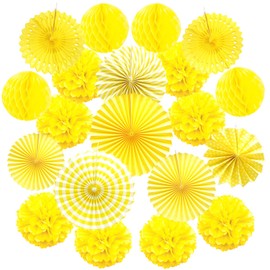 Cocodeko Hanging Paper Fan Set, Tissue Paper Pom Poms Flower Fan and Honeycomb Balls for Birthday Baby Shower Wedding Festival Decorations - Yellow