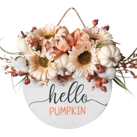 14" Hello Pumpkin Fall Sign Wreath for Front Door, Autumn Pumpkin Wreath with Sunflowers, Artificial Pumpkins,Cotton Boll and Berries for Farmhouse Wall Outdoor Indoor Harvest Thanksgiving Wall Decor