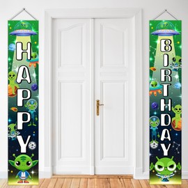 SHADOAMP Alien Door Banner, Alien Birthday Party Decorations UFO Spaceship Outer Space Happy Birthday Front Porch Signs Outdoor Hanging for Boys Flying Saucer Universe Birthday Party Supplies