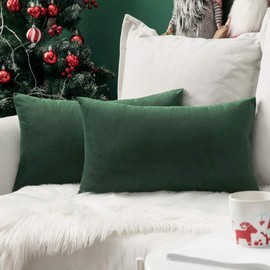 MIULEE Christmas Velvet Soft Soild Microfiber Decorative Square Pillow Case Throw Cushion Cover for Sofa Bedroom with Invisible Zipper Dark Green 12"x20",2 Pieces