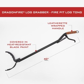 Dragonfire Log Grabber - 40" Long Fire Pit Tong with Durable Steel Shaft, Ergonomic Leatherette Handle, Triple Prong Design, and Heat-Resistant Black Coating