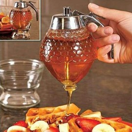 8-Ounce Honeycomb Shaped Squeeze Bottle - Bee Drip Dispenser with Stand Holder for Honey, Juice & Syrup (Silver)