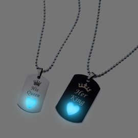 ATLVXJL Luminous necklace for couple matching necklace for couples stainless steel King and Queen Gifts for Valentine's Day (King Queen black white)