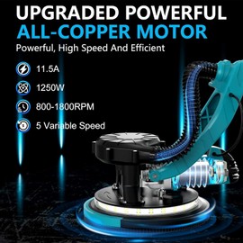 Drywall Sander, 1250W 11.5-Amp Electric Drywall Sander with Vacuum, Popcorn Ceiling Removal Tool with Variable Speed 800-1800RPM, Foldable & Extendable Handle, LED Light
