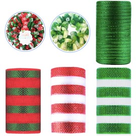 4 Rolls Christmas Deco Mesh Rolls for Wreath Making,6 Inch x 10 Yards White Red Green Xmas Ribbons Stripe Mesh Metallic Foil Deco Poly Mesh Roll for Christmas Swag Decoration Wreath Making,Garland,Bow