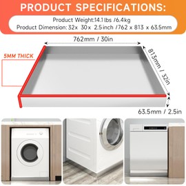 jkxoo Washing Machine Pan-32" x 30" x 2.5" Heavy Duty 304 Stainless Steel Washing Machine Tray, Washer Pan, Washing Drain Pan, Protecting The Floor, Wood Deck, No Hole