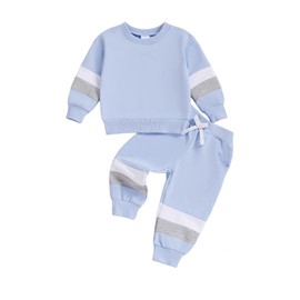 XIXIMAON Toddler Boy Outfit Autumn Winter Clothes Contrast Color Patchwork Long Sleeve Sweatshirt Tops Trouser Set Baby Jumpers Boy Tracksuit 2Piece (SKY BLUE, 18-24 Months)