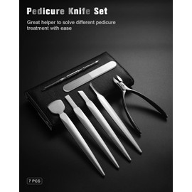 FERYES Cuchillo de pedicura, kit de uñas encarnadas, 7 piezas de herramientas profesionales de pedicura, kit de aseo de uñas de los pies, hoja de pie de primera muesca, cortaúñas súper afiladas (funda de cuero incluida)