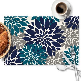 Navy Blue Teal Dahlia Floral Placemats Set of 4, 12x18 Inch Waterproof Stain Resistant Linen Table Placemats Farmhouse Kitchen Party Decor Home Décor