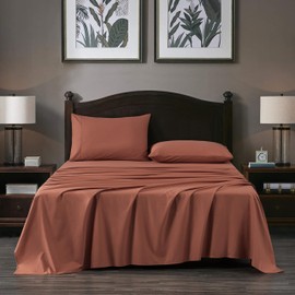 Chezmoi Collection Solid Terracotta 250TC 100% Cotton Twill Bed Sheet Set Queen Size, 4-Piece Luxury Soft Breathable Smooth 16-Inches Deep Pocket Sheets and Pillowcases Set