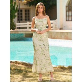 URYIAO Women's Summer Floral Spaghetti Strap Maxi Dress Sleeveless Ruched Mesh Bodycon Long Wedding Guest Dresses S Green