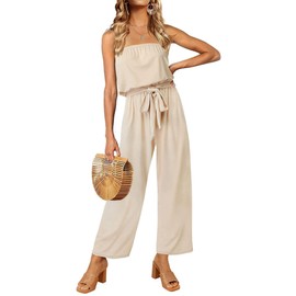 ZESICA Women's Casual Off Shoulder Solid Color Strapless Belted Wide Leg Jumpsuit Romper,Nude,Small