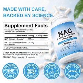 NAC 1200mg Capsules with NAD+ 50mg – High Strength N-Acetyl L-Cysteine Formula – 1150mg NAC Per Serving – Vegan Supplement – 120 Capsules