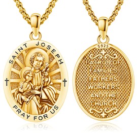 DRINSPER St Joseph Medal Necklace for Men Women 925 Sterling Silver San Jose Patron Saint Joseph Pendant Religious Amulet Protection Jewelry Father's Day Graduation Gifts
