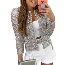 Women's Sequin Jacket Open Front Blazer Casual Puff Sleeve Cardigan Coat Silver S
