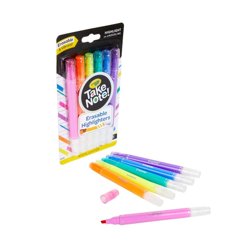 Crayola Take Note Erasable Highlighters (6ct), Assorted No Bleed Highlighters,