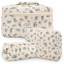GISMTR 3Pcs Cotton Quilted Makeup Bag Large Travel Cosmetic Bag Coquette Makeup Pouch Cute Aesthetic Floral Toiletry Bag for Women Girls, flower-P, Cute