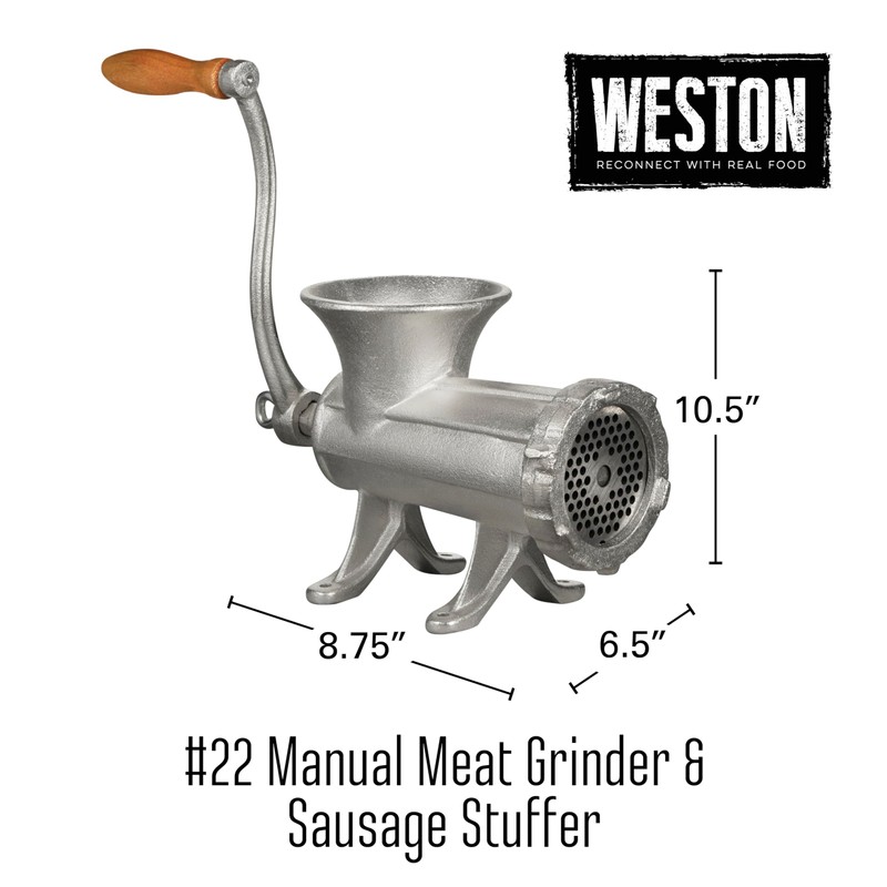 Weston #22 Manual Tinned Meat Grinder and Sausage Stuffer, Silver