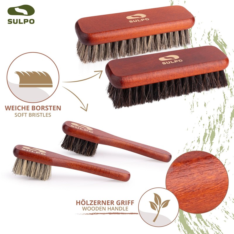 SULPO Schuhbürsten Set - weiche Rosshaar Schuhbürste, hochwertige Schuhpflege mit