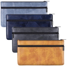 HAUTOCO 4 Pcs Money Bag with Zipper 11 x 6.1 inch Embossed Deposit Money Pouch with Lined PU Leather Bank Bag Two Pockets Utility Wallet for Cash Check Receipt Coins Cosmetics, Multicolor