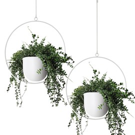 ABETREE 2 Pack Hanging Planters for Indoor Outdoor Plants Modern Metal Plant Hangers Wall and Ceiling Hanging Planter Baskets Mid Century Minimalist Flower Pots Home Decor, White