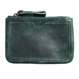 Genuine Leather Coin Purse Pouch for Women Men Vintage Cowhide Grain Leather Slim Mini Wallet Metal Zipper with Real Leather handle (Green)