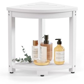 Waterproof Corner Shower Stool for Inside Shower, Poly Lumber Shower Bench Seat Chair, Bath Shower Stool for Shaving Legs Foot Rest with Storage Shelf, Adjustable & Non-Slip Feet, White