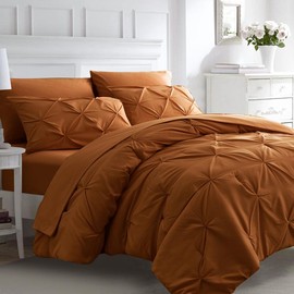 ELNIDO QUEEN 【Christmas & New Year gifts】ELNIDO QUEEN 7PCS Pink Pintuck Comforter Set -All Season Pintuck 7 PCS soft bedding sets with Sheet wrinkle resistant bedding sets - Color: Burnt Orange, Bedding Size: Queen