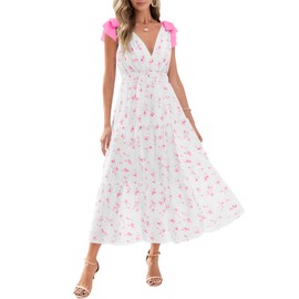 Wenrine Womens Summer Floral Maxi Dress Casual Self Tie Sleeveless V Neck Smocked Boho Tiered Beach Sundresses Pink
