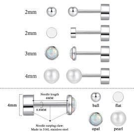 4 pairs Silver Stud Earrings for Women Girls Men, Hypoallergenic Titanium Surgical Steel Stud Earrings Set, Small Round Balls Opals and Pearls Helix Cartilage Sleeper Screw Flat Back Earrings