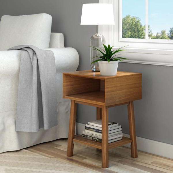 Plank+Beam Wooden Side Table with Cubby Storage Shelf, Mid Century