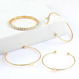 Carufin Star Moon Bracelet Boho Open Crystal Bangle Jewellery Set for Women and Girls (Pack of 4) (Gold)