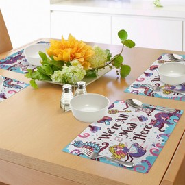 ABAKUHAUS Alice in Wonderland Place Mats Pack of 8, We Are All Crazy Here Quote with Caterpillar White Rabbit Cheshire Cat, Washable Fabric Dining Room Kitchen Table Decorations, Blue Purple Pink