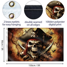 Pirate Flag – Jolly Roger Crossed Swords with Pirate Map – Funny Flag – 110Den polyester - Double Seam - 2 brass eyelets, large 5ft x 3ft