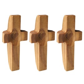 Cross My Heart Encouragement Gift, Wooden Handheld Small Cross for Anxiety Relief, Olive Wood Cross with Pocket, Religious Gifts for Children Adults (Olive 3PCS)