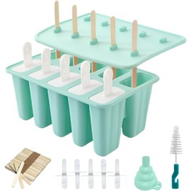 Moldes para Paletas de Hielo con Tapa, 10 Cavidades, Set con 10 Palos + 50 Palitos + Embudo + Cepillo, Molde Silicona Reutilizable sin BPA, Fácil Desmoldar, Para Helados Caseros (Verde)