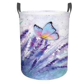 Lavender Flower Butterfly Laundry Basket, Watercolor Flower Laundry Hamper, Oxford Waterproof Foldable Clothes Storage Bin, Toy Organizer Basket for Bathroom/Household/College Dorms 15.7"x19.6"