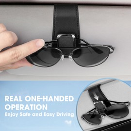 BMLEI Sunglasses Holder for Car, One-Handed-Operation Leather Sunglasses Clip for Car Sun Visor, 2Pack Durable Eyeglasses Holder and Ticket Card Clip, Auto Interior Car Visor Accessories (Black)