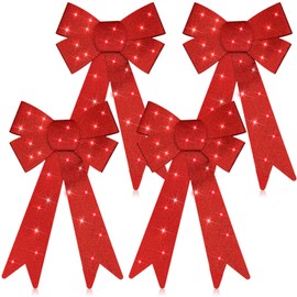Giegxin 4 Pcs LED Christmas Wreath Bows Xmas Tree Topper Bow Outdoor Indoor Glitter Lighted Bows Winter Large Wreath Garland Bow for Home Front Door Party Decor, 18 X 10 Inch (Red)