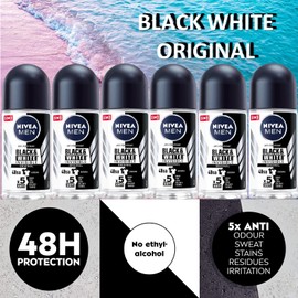 Nivea BLACK WHITE ORIGINAL, ROLL-ON – FREE ALCOHOL, ANTIPERSPIRANT DEODORANT, 48 HOURS PROTECTION, 1.7 OZ (Pack of 6), 50.0 milliliters