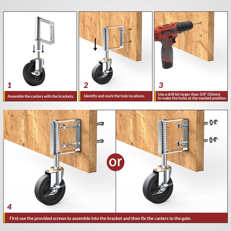 Gate Wheels with Side Brake, Spring Loaded Gate Casters for