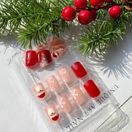 Christmas Press on Nails Short Square False Nails Full Cover Acrylic Nails Cute Red Santa Claus Snowflake with Designs Fake Nails Glossy Winter Glue on Nails Medium Christmas Nails for Women 24 Pcs