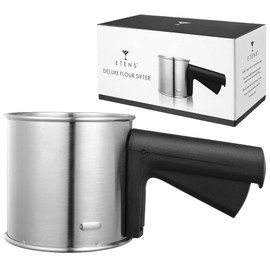 Etens 3 Cup Flour Sifter for Baking, Handheld Strainer Sifter Stainless Steel, Hand Crank Squeeze Sieve for Baking w/Comfortable Handle for Flour Powdered Sugar Cake - Baker Supplies