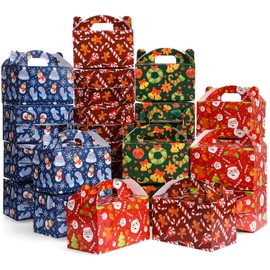 Christmas Treat Boxes, 24 Pieces Plaid Santa Elf Snowman Elk Gingerbread Xmas Cardboard Present Candy Cookie Boxes with Handles, Holiday Party Favor Supplies, 4 Designs (Novelty Style)